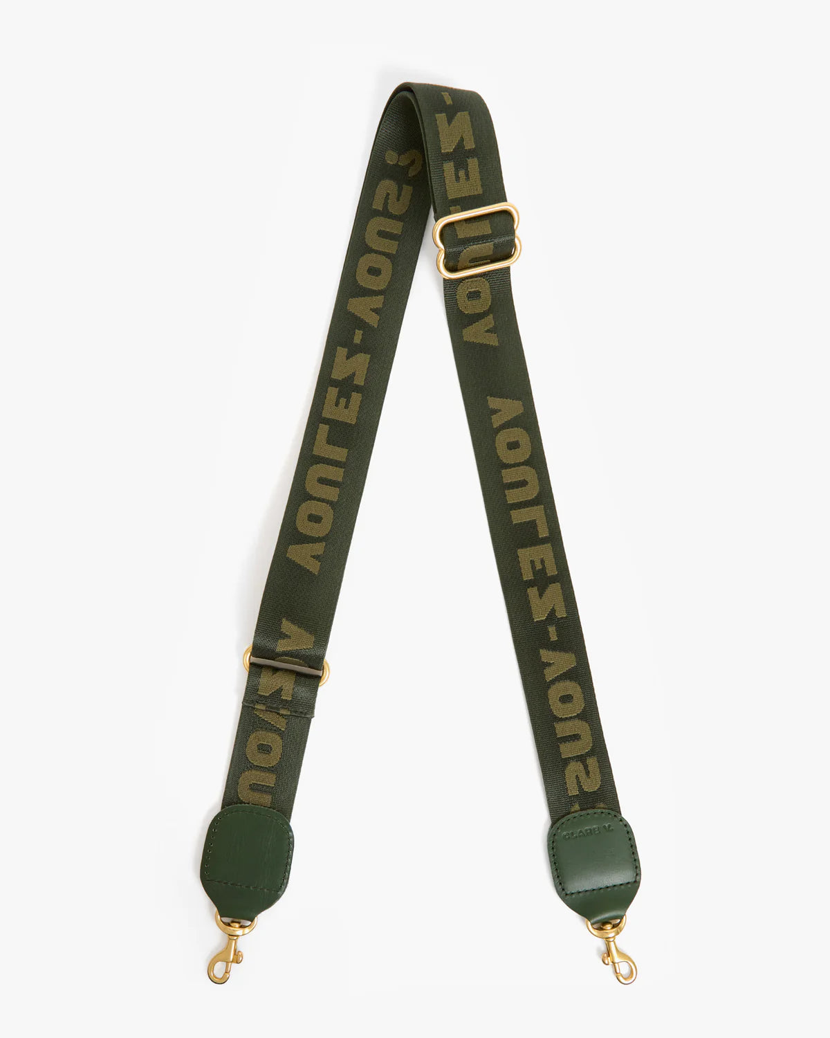 Cotton crossbody strap in army green with gold hardware and bold ALOY lettering by Clare Vivier, adjustable length.