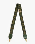 Cotton crossbody strap in army green with gold hardware and bold ALOY lettering by Clare Vivier, adjustable length.