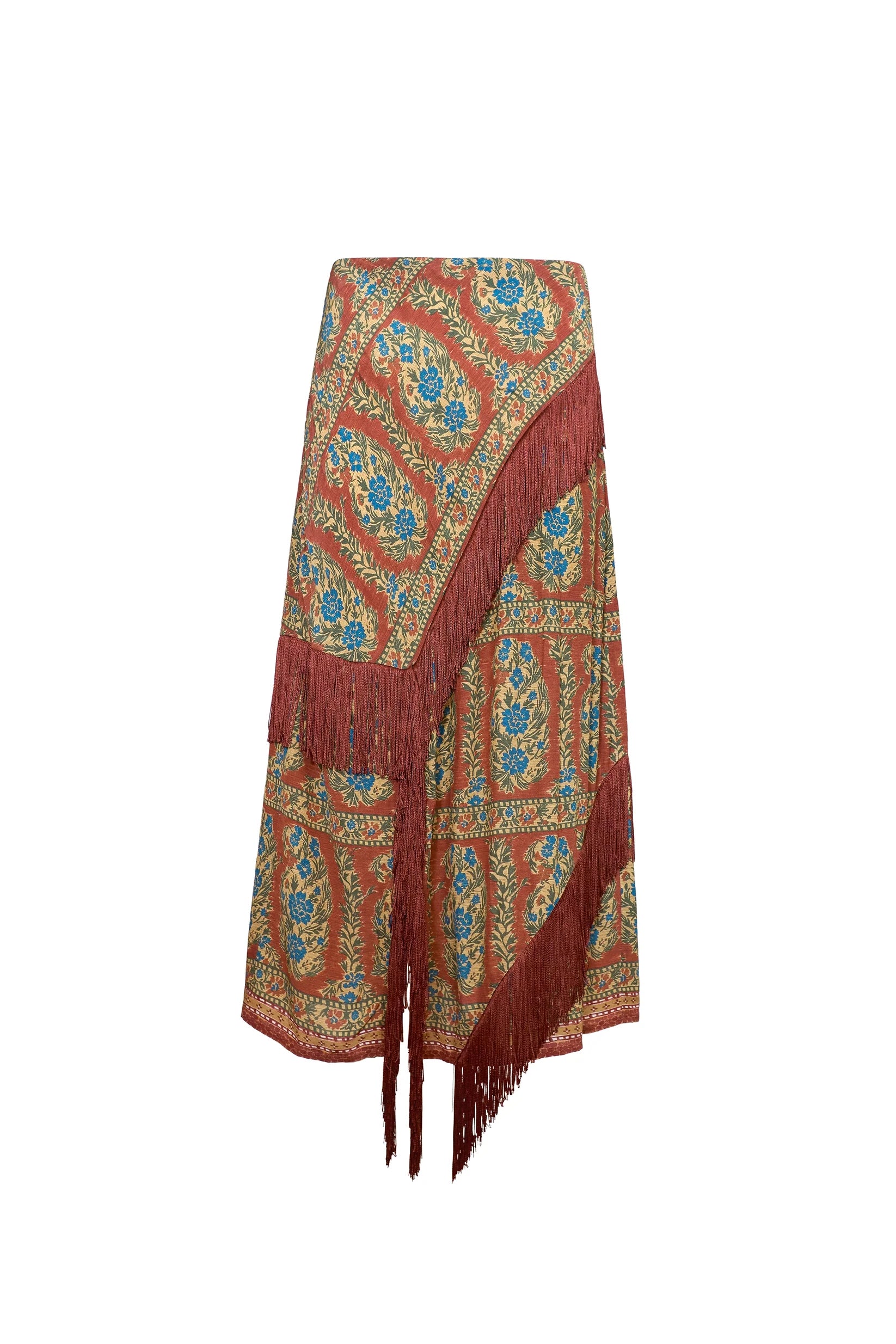 Blue and gold floral A-line midi skirt with amber fringe and red accents by Hunter Bell NYC, Allyne Skirt.