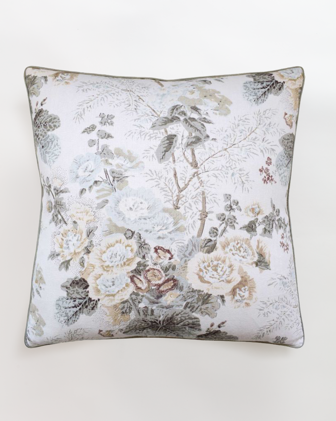 The Ryan Studio Althea Linen Stone 20x20 pillow features a floral pattern with beige and light gray flowers on a white background. It has subtle piping for polish and a hidden zipper closure for easy removal.