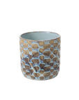 The Accent Decor 95927 Anselm Pot is a round artisanal ceramic planter with a textured tan and brown geometric pattern on a light blue background and a smooth, solid light blue interior.