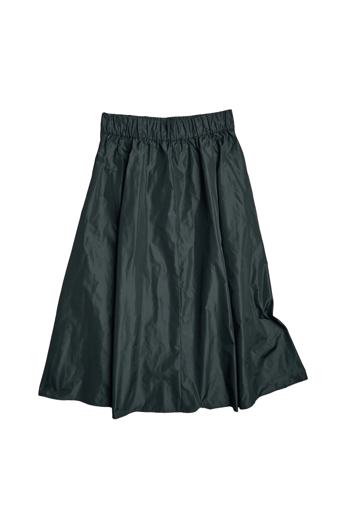 Introducing the Aquarius Cocktail LE SKIRT Silk Taffeta: a dark green, knee-length full flared skirt, designed with an elastic waistband. Photographed against a white background, this Italian-crafted taffeta piece boasts a lightweight and slightly shiny finish for a flowing, gathered look.