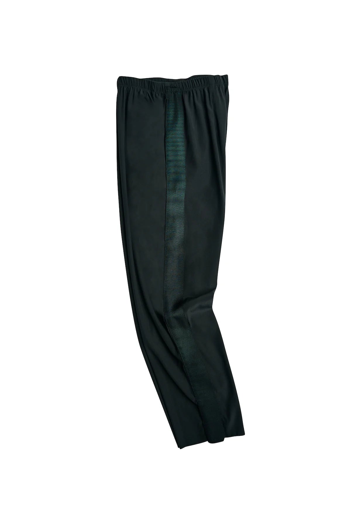 The Aquarius Cocktail Tuxedo Pull on Pant is a black athletic track pant with an elastic waistband and subtle tuxedo-inspired stripe detail, shown on a white background.