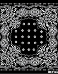 The HG Bandana by Hey Gang features intricate white paisley, floral, and dotted patterns in a symmetrical design with "HEY GANG" in the corner—an ideal accessory for everyday style.