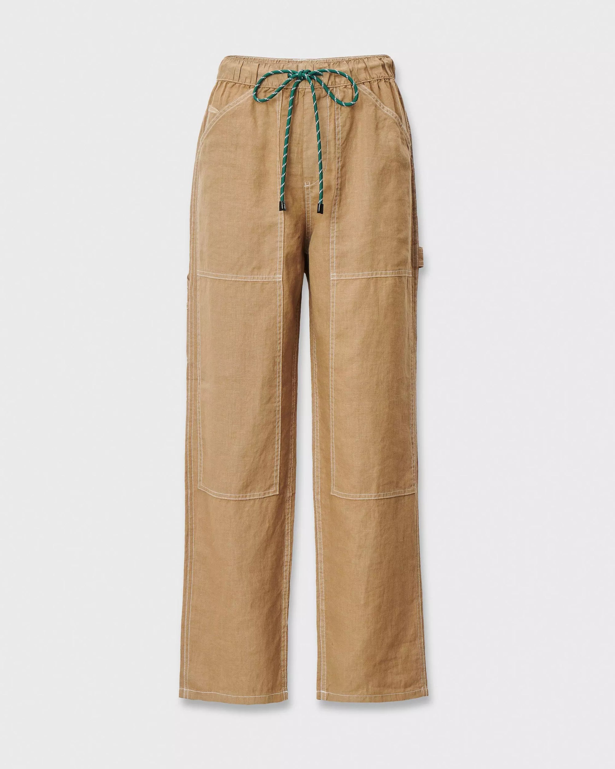 Rag & Bone’s atlas linen pant features a light brown hue, high waist, relaxed wide-leg fit, white stitching, large front pockets, and a green/black drawstring waistband—shown on a plain white background.