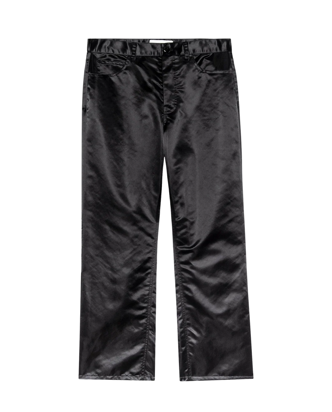 The Satin Wayne by The Great Inc.: shiny black satin slouchy-fit pants with relaxed, cropped legs, belt loops, front pockets, and a button closure, shown flat on a white background.