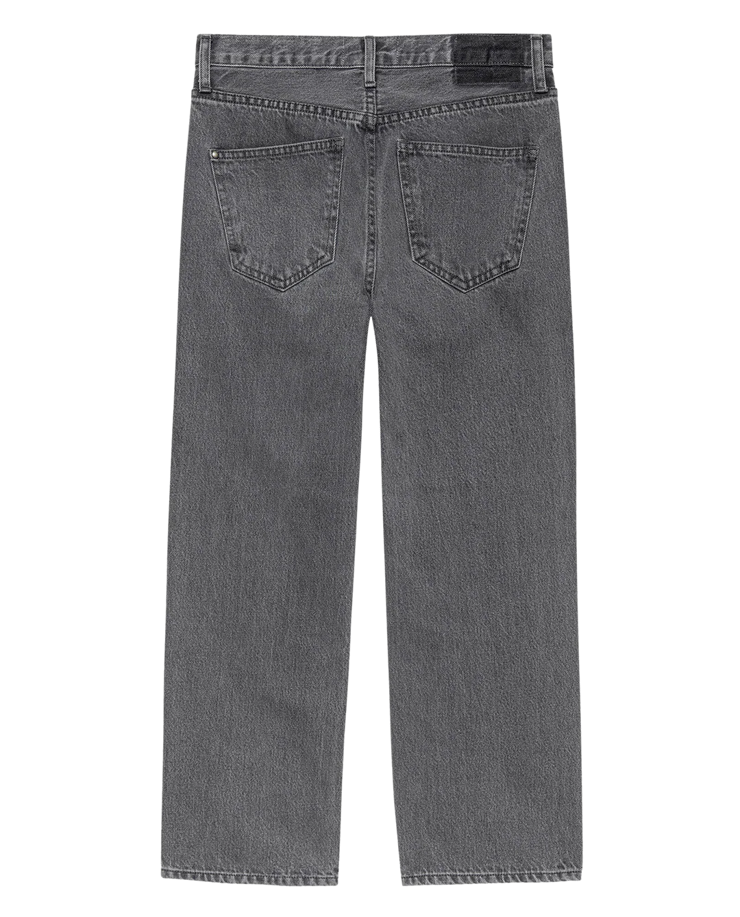 The Wayne Jean by The Great Inc. features straight-leg gray 100% cotton denim, shown from the back with two pockets and a belt loop waistband.