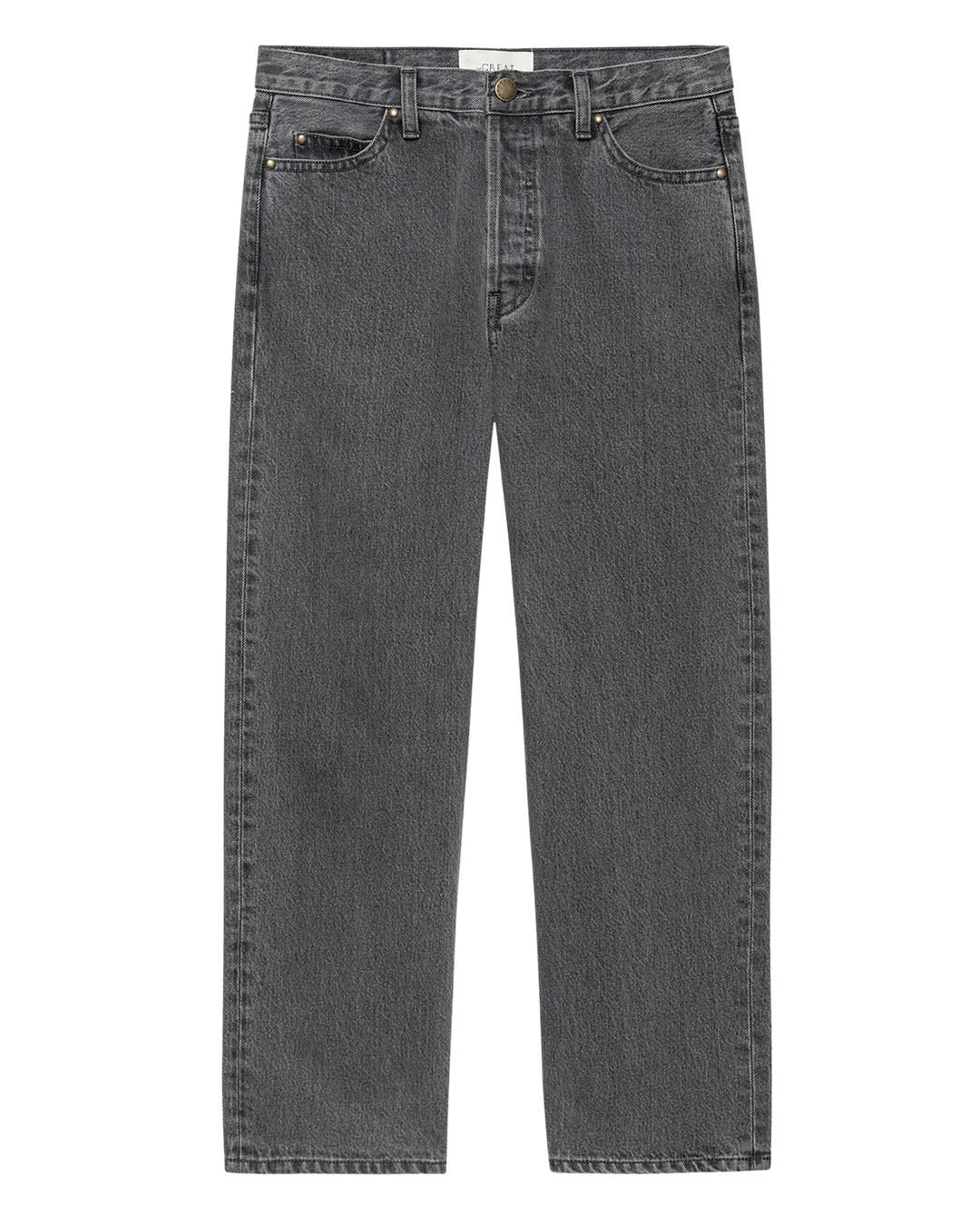 The Wayne Jean by The Great Inc. is a high-waisted, straight-leg gray jean made from 100% cotton denim, featuring five pockets, belt loops, and a button closure. Shown against a plain white background.