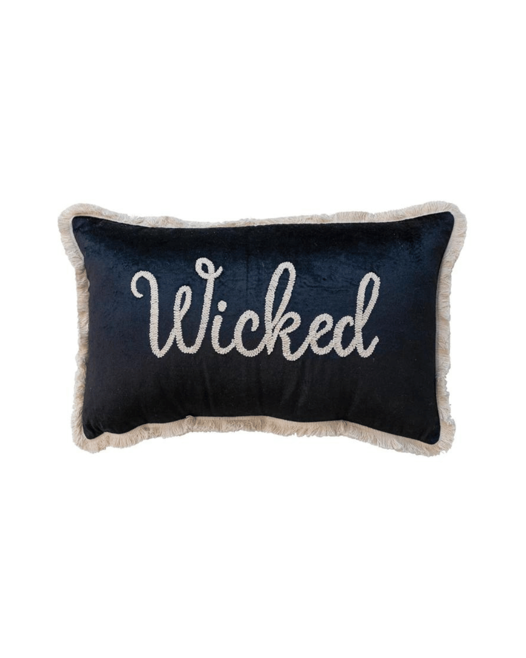 Introducing the Lumbar Wicked Pillow from Creative Co-op: a stylish rectangular black cotton velvet pillow adorned with beige fringe around the edges. The word "Wicked" is expertly embroidered in white cursive across the center, making it perfect for your Halloween decor.