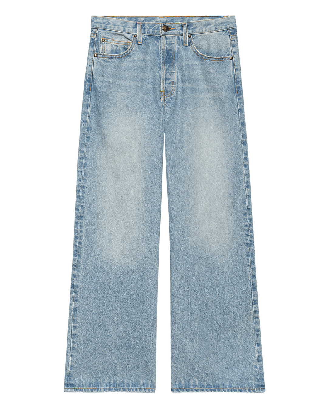The Great Inc. Slouch Wide Leg Jean in light blue features a high waist, classic five-pocket style, and front faded detailing.