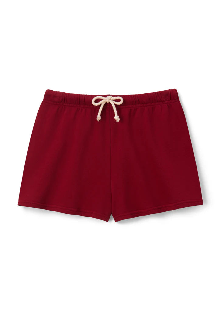 The Layla Terry Short by Perfectwhitetee, in red French terry cotton with an elastic waistband and white drawstring, is displayed flat on a white background.