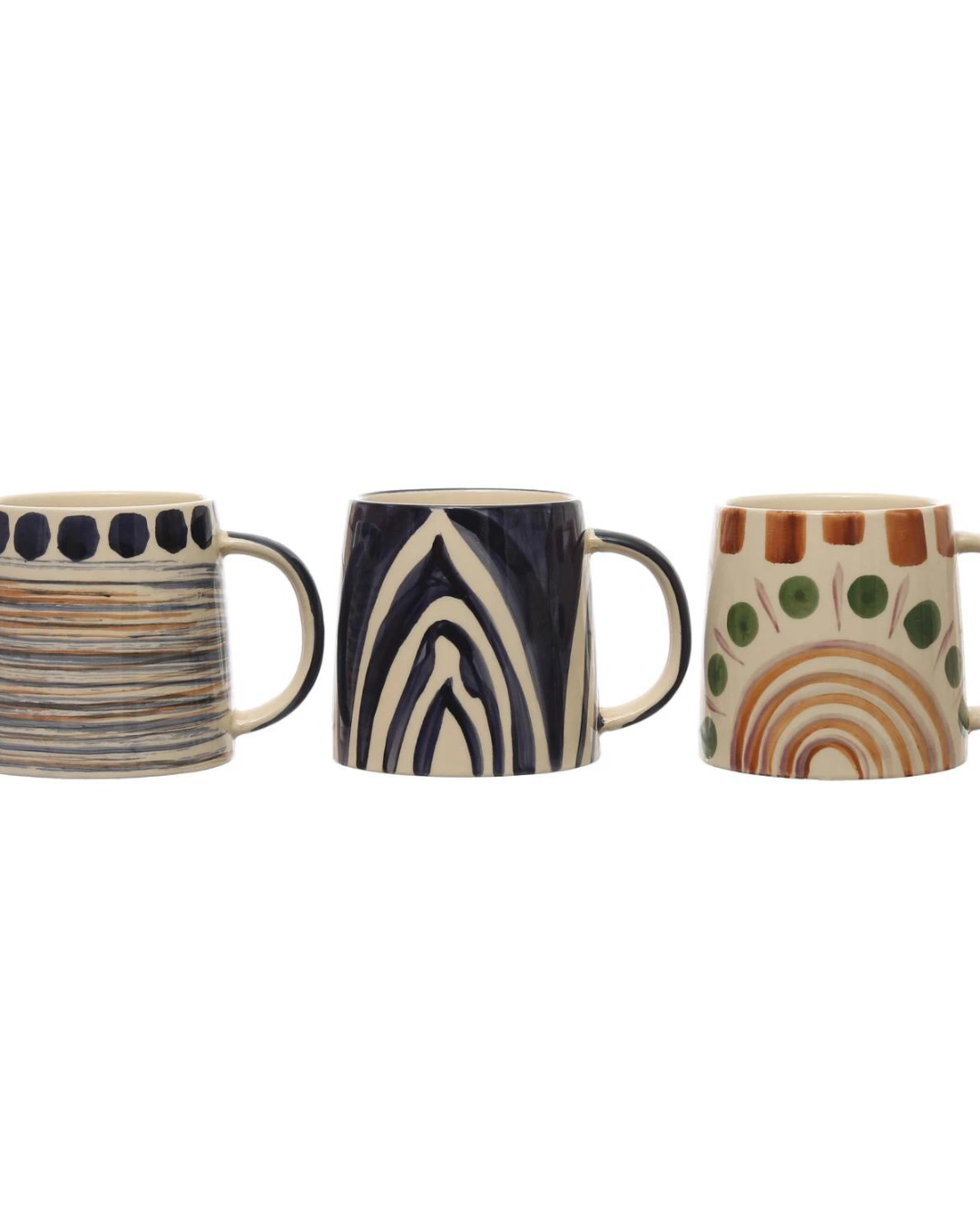 Three Creative Co-op hand-painted stoneware mugs are arranged in a row. The first mug showcases a design of horizontal lines, the second is adorned with bold, curved dark lines, and the third features a colorful pattern of concentric arches accented with orange and green dots. Each Hand Painted Mug has a capacity of 16 oz.