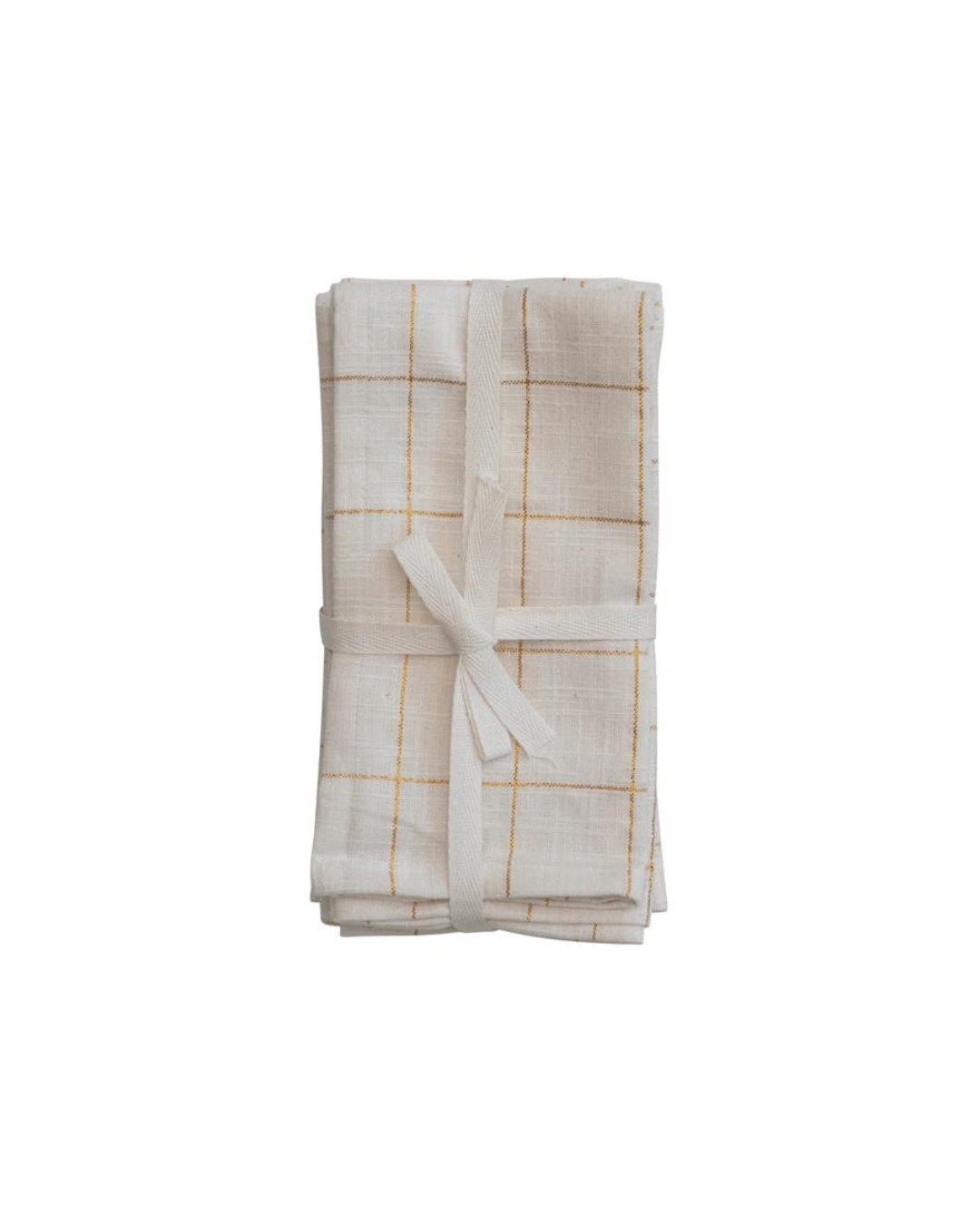 The Cotton Napkins Gold & Cream by Creative Co-op feature a folded white cotton napkin with a yellow grid pattern and adorned with metallic gold thread, tied elegantly with a white ribbon and showcased on a plain white background.