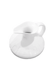 A glossy white ceramic Pitcher No. 431 from Montes Doggett, with an innovative design featuring an integrated coaster attached to its base, set against a white background in a Scottsdale Arizona bungalow.
