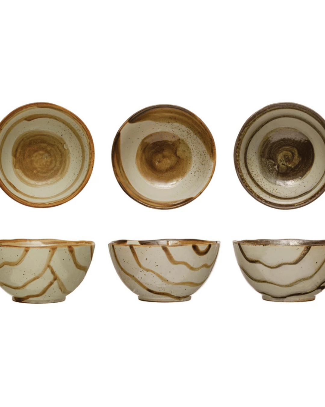 A set of six Round Bowls from Creative Co-op displays swirling earth-toned patterns, viewed from both the top and side. The reactive glaze highlights shades of brown and cream, giving them a natural and rustic look. These artisanal silhouettes are thoughtfully arranged in two rows on a white background.