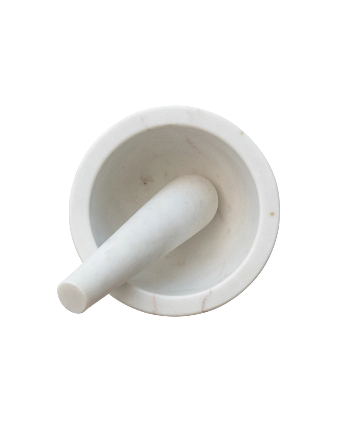 The Creative Co-op Marble Mortar & Pestle features a classic design with a smooth, polished white marble finish. The pestle elegantly sits inside the shallow mortar, all set against a plain white background when viewed from above.