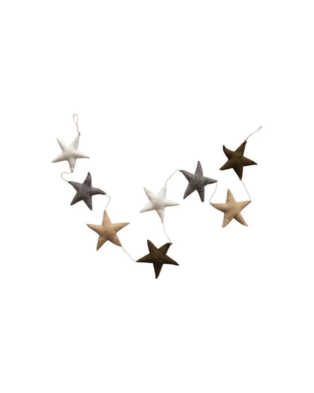 The Creative Co-op Wool Felt Star Garland features decorative, handmade wool stars in a variety of neutral shades such as brown, beige, gray, and white. The stars are evenly spaced along a thin string and form a gentle curve. This festive piece stands out beautifully against any plain white background.