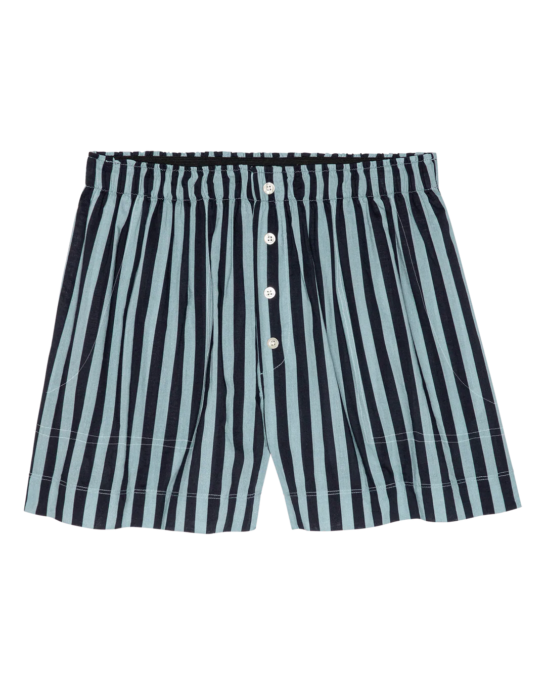 The Boxer Short by The Great Inc. features vertical dark navy and light blue stripes, white front buttons, and an elastic waistband—ideal men's cotton sleep shorts for all-night comfort.
