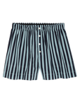 The Boxer Short by The Great Inc. features vertical dark navy and light blue stripes, white front buttons, and an elastic waistband—ideal men's cotton sleep shorts for all-night comfort.