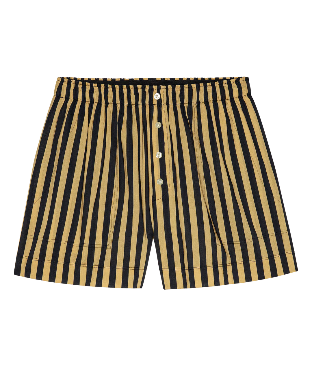 The Boxer Short by The Great Inc. features vertical black and tan stripes, an elastic waistband, and white front buttons, shown on a plain white background.