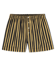 The Boxer Short by The Great Inc. features vertical black and tan stripes, an elastic waistband, and white front buttons, shown on a plain white background.
