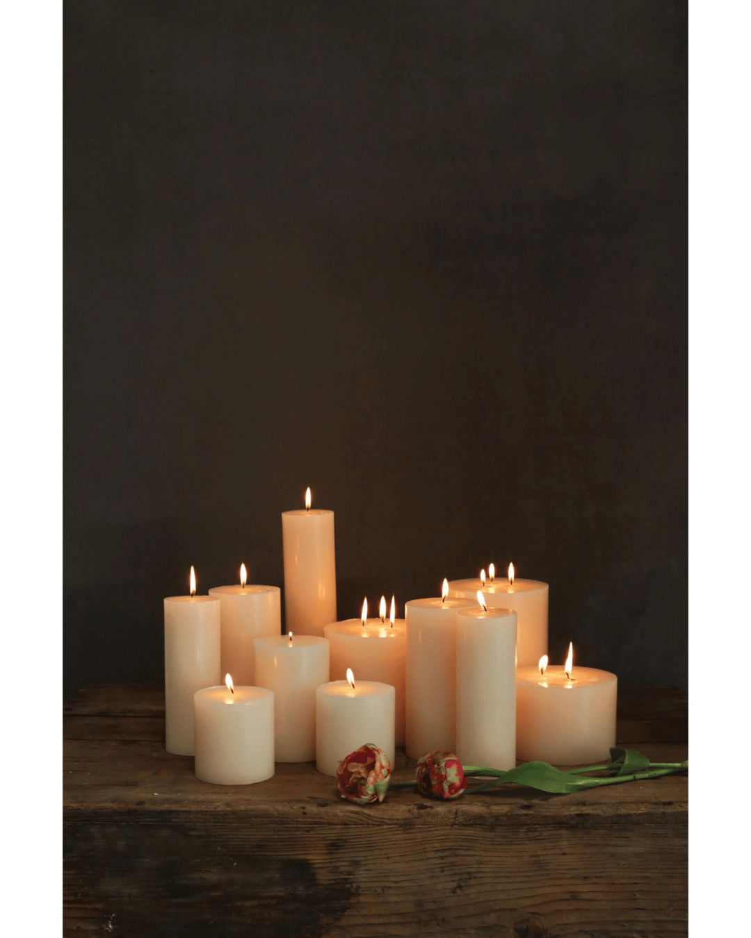 A set of Creative Co-op's Unscented Pillar Candles, 4 inches high, in white are arranged on a wooden surface, illuminating the dark background with their glow. Two wilted red roses with green leaves lie in front of the 3-inch round candles, adding a pop of color to the scene. The candles have an impressive burn time of approximately 70 hours.
