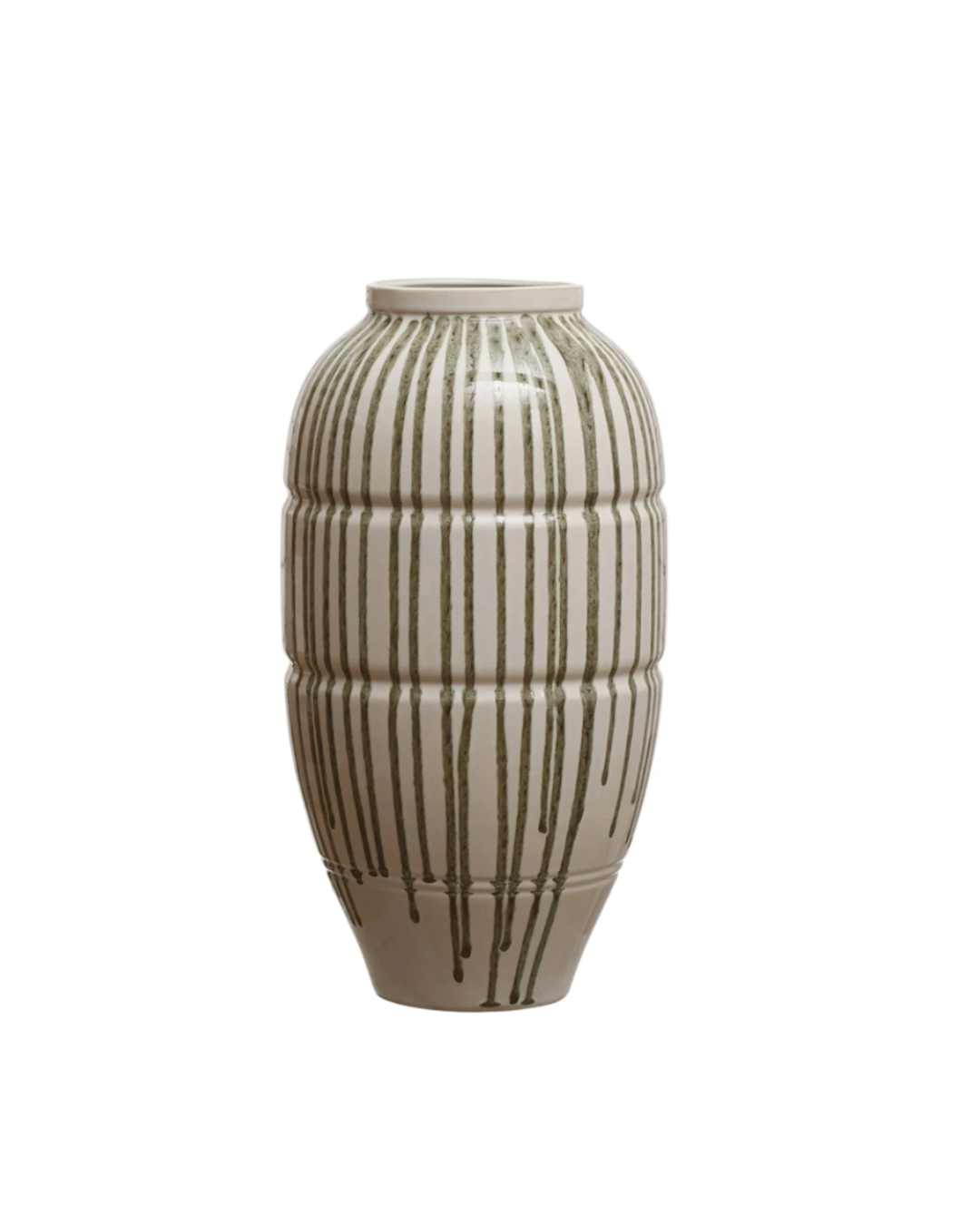 A stoneware vase from Creative Co-op with a beige background featuring vertical, ridged patterns and green dripped glaze lines. Stands upright with a tapered top in a style evocative of a Scottsdale Arizona bungalow.