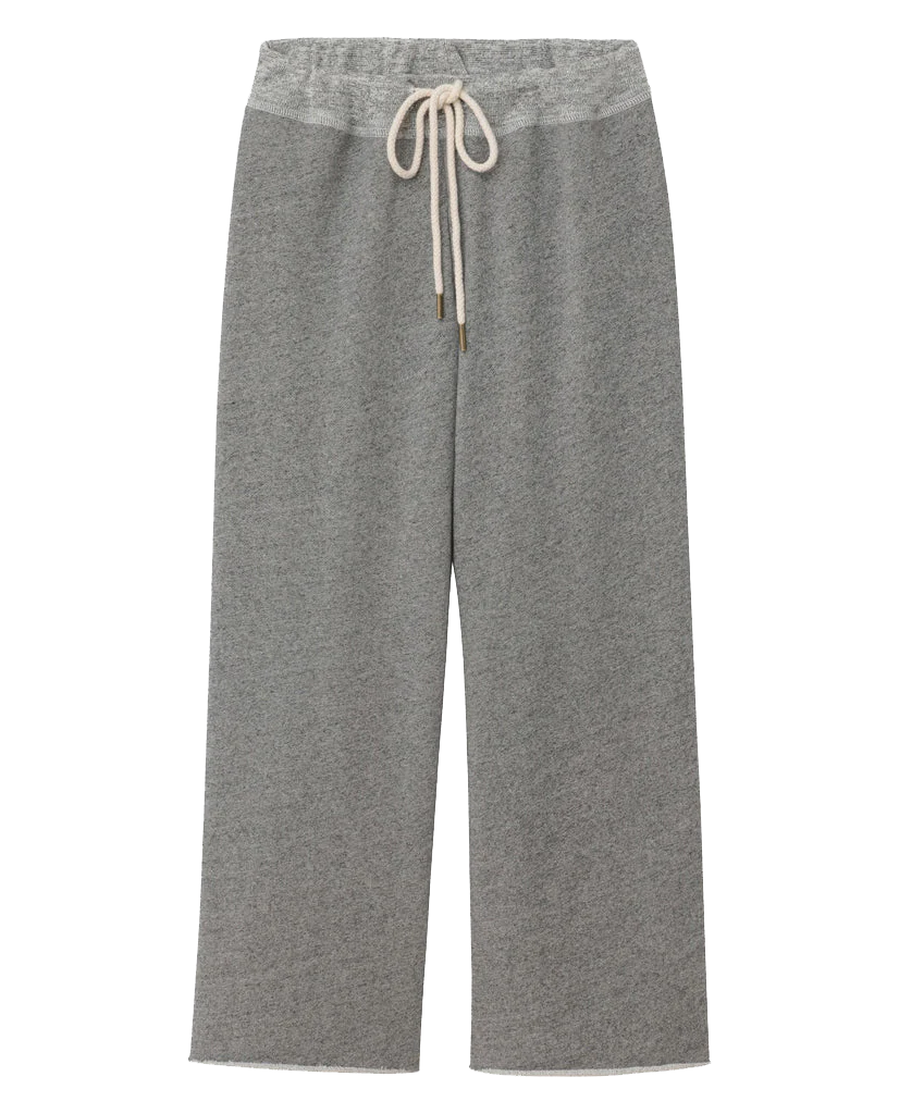 The Great Inc. Cropped Sweat Pant in gray features a wide-leg, elastic waistband with white drawstring, crafted from soft washed cotton terry and shown flat on a white background.