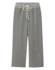 The Great Inc. Cropped Sweat Pant in gray features a wide-leg, elastic waistband with white drawstring, crafted from soft washed cotton terry and shown flat on a white background.