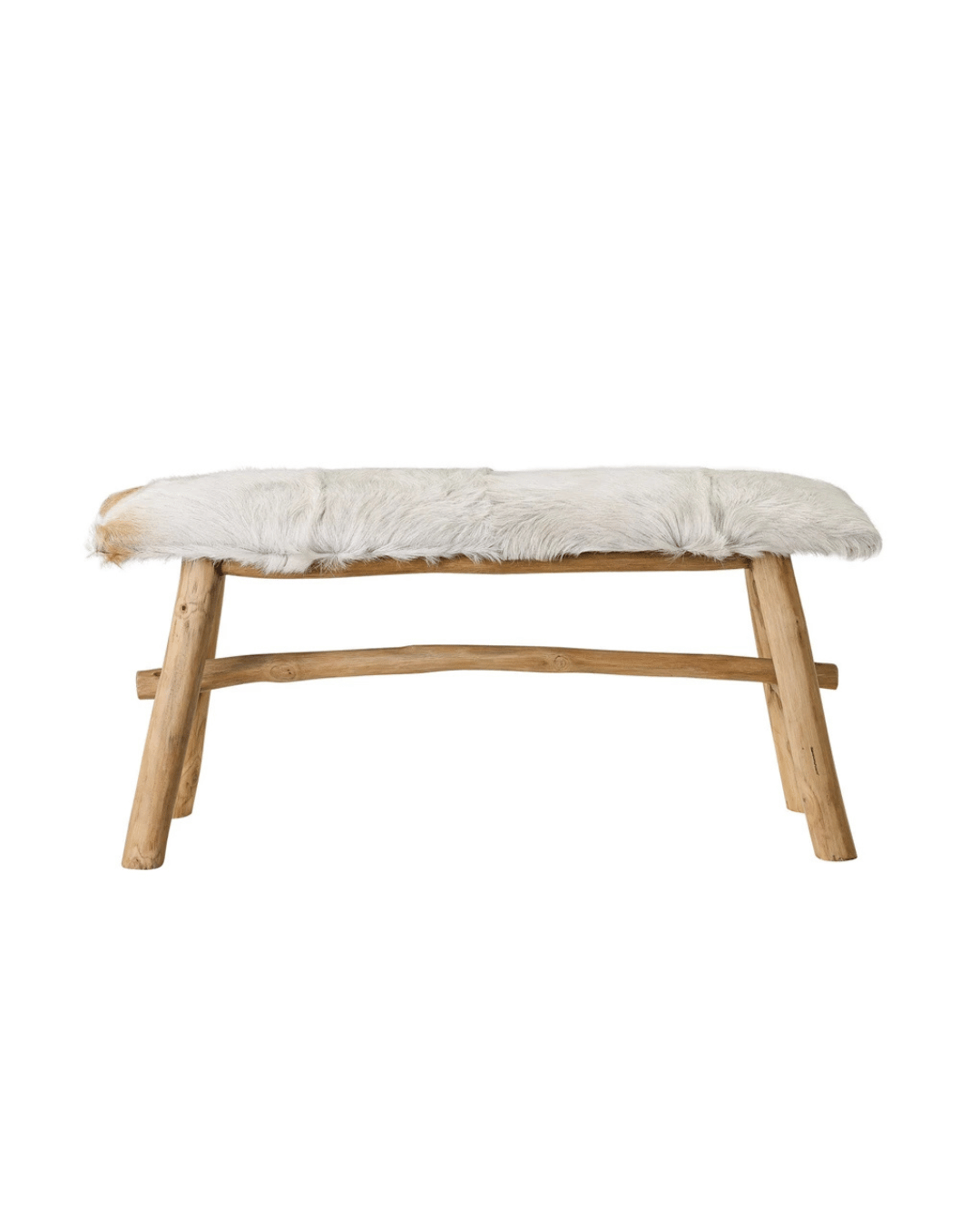 The Wood Bench Goat Fur by Bloomingville adds charm to cabin decor with its rustic design. It features a goat fur top cushion, four sturdy legs, and a curved stretcher for support, making it ideal for any cozy retreat.