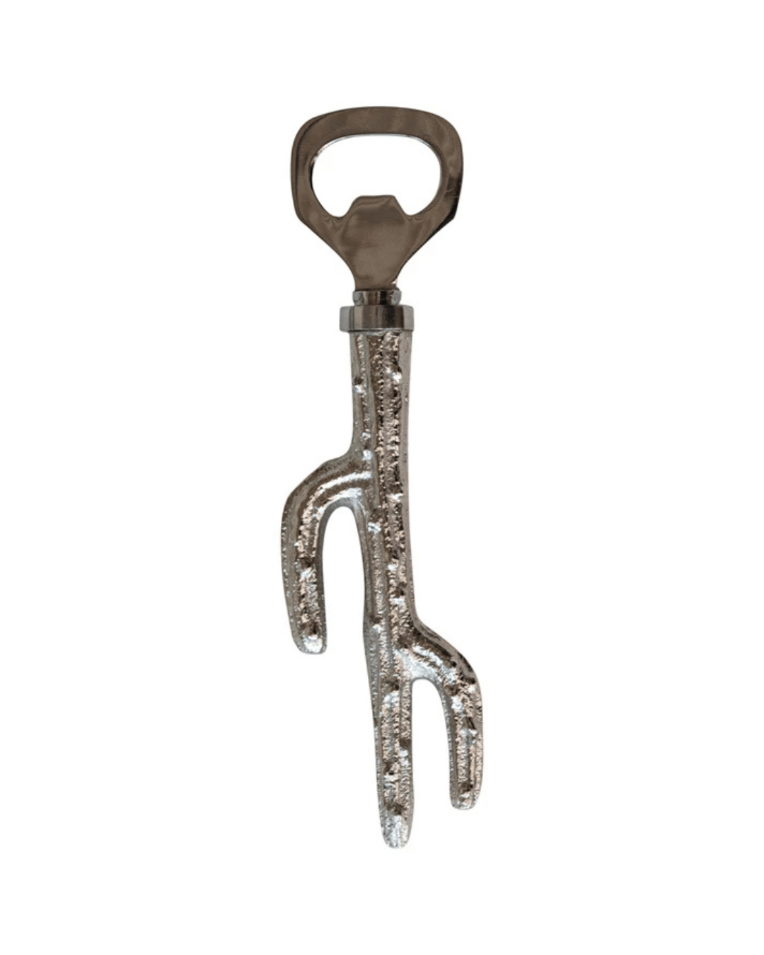 The Cactus Shaped Bottle Opener by Creative Co-op features a stainless steel body with a unique cactus design. Its silvery nickel finish provides a textured look, while the handle has two branching prongs, and the top retains the classic opener shape for a sophisticated appeal.