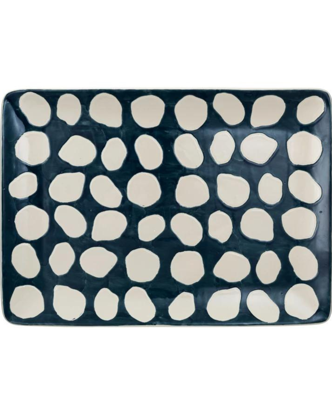 Introducing the **Black White Dots Platter** by **Creative Co-op**, a hand-painted stoneware platter. This rectangular ceramic plate, featuring a black background, is adorned with an abstract pattern of irregular cream-colored spots. The design evokes a pebble or stone arrangement, creating an eye-catching contrast between the dark and light elements on the platter.