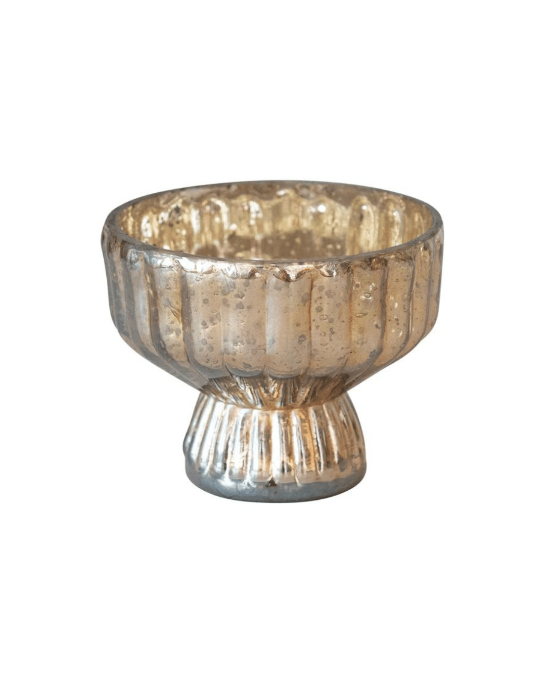 A gold-colored Mercury Glass Candle Holder by Creative Co-op features a fluted design with an antique silver finish. The holder exhibits a wide, rounded body perched on a narrower, pleated base reminiscent of a footed candle holder. Displayed empty against a plain white background, it exudes vintage charm.