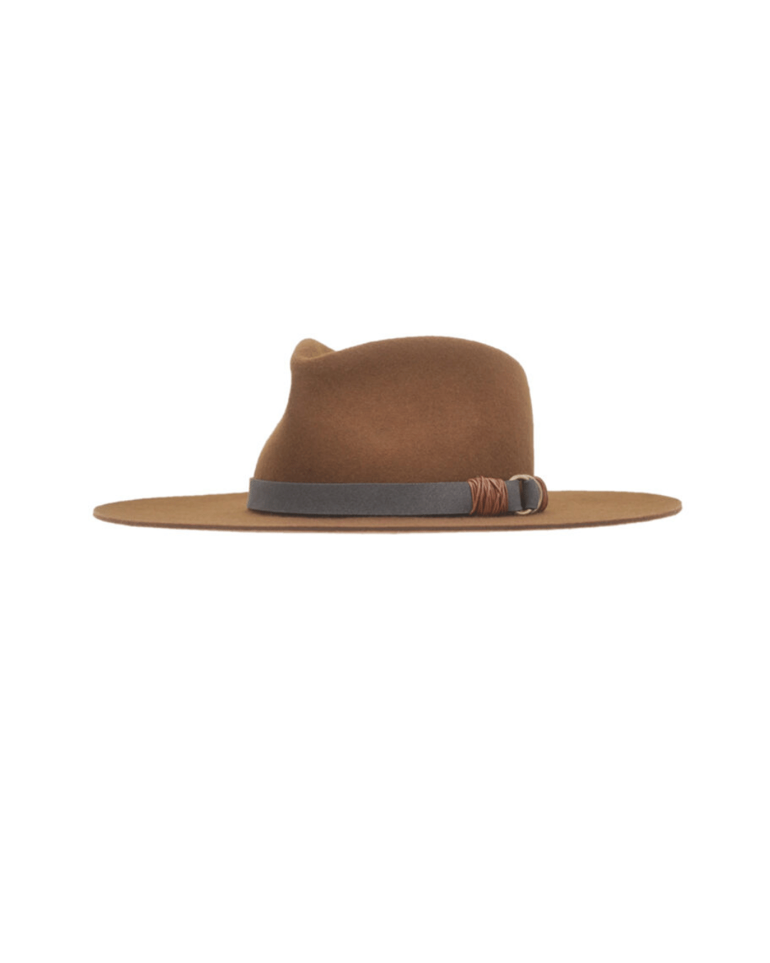 The Ninakuru Fenix Wool Fedora, featuring a wide brim and crafted from virgin wool in brown, includes a gray band and buckle detail. It's displayed on a white background and viewed from the side.