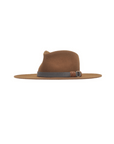 The Ninakuru Fenix Wool Fedora, featuring a wide brim and crafted from virgin wool in brown, includes a gray band and buckle detail. It's displayed on a white background and viewed from the side.