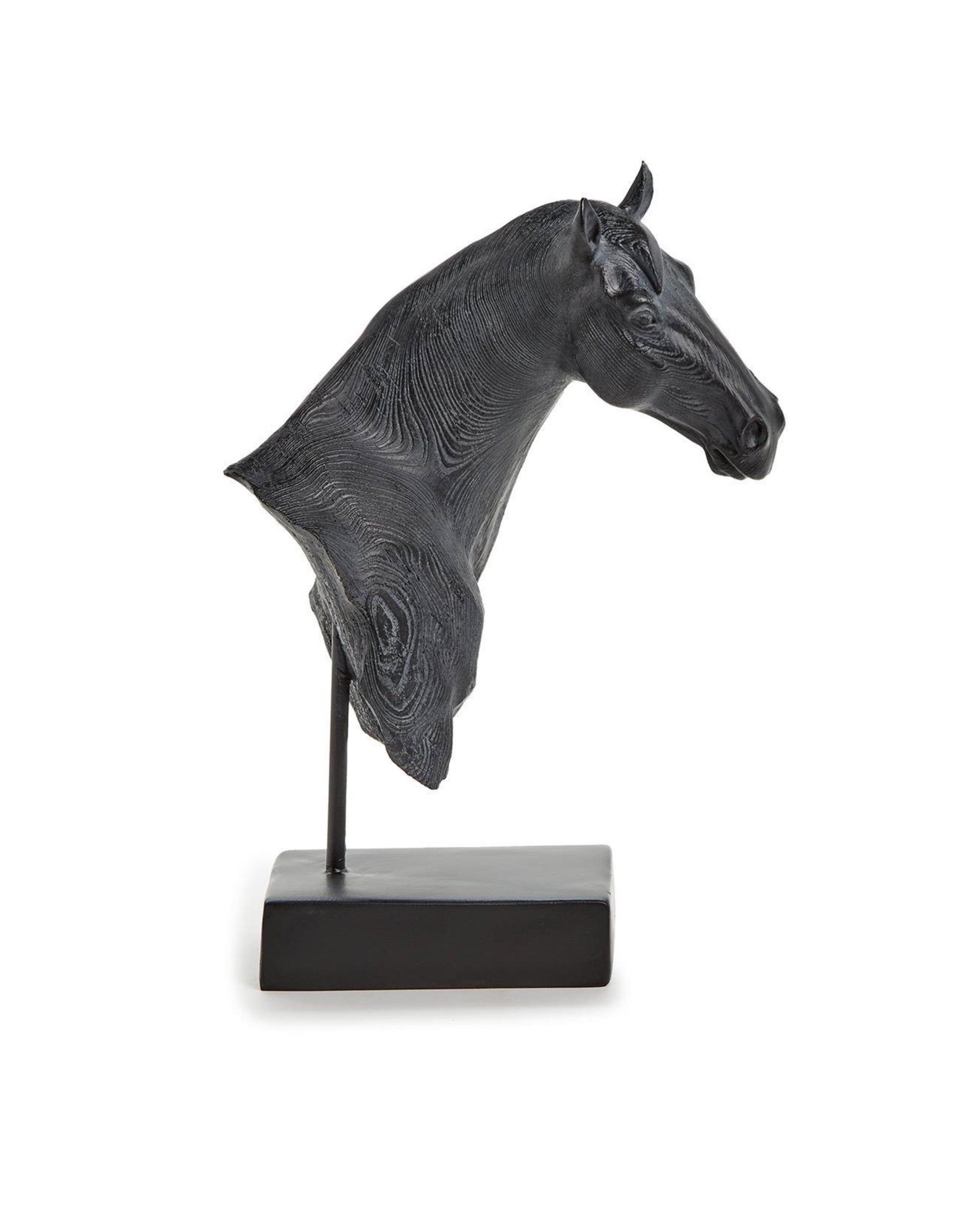 The Two's Company BHF002 Horse Bust Sculpture features a black faux wood finish, with the head and neck mounted on a metal rod and rectangular base—an ideal equestrian decor piece for any space.