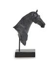 The Two's Company BHF002 Horse Bust Sculpture features a black faux wood finish, with the head and neck mounted on a metal rod and rectangular base—an ideal equestrian decor piece for any space.