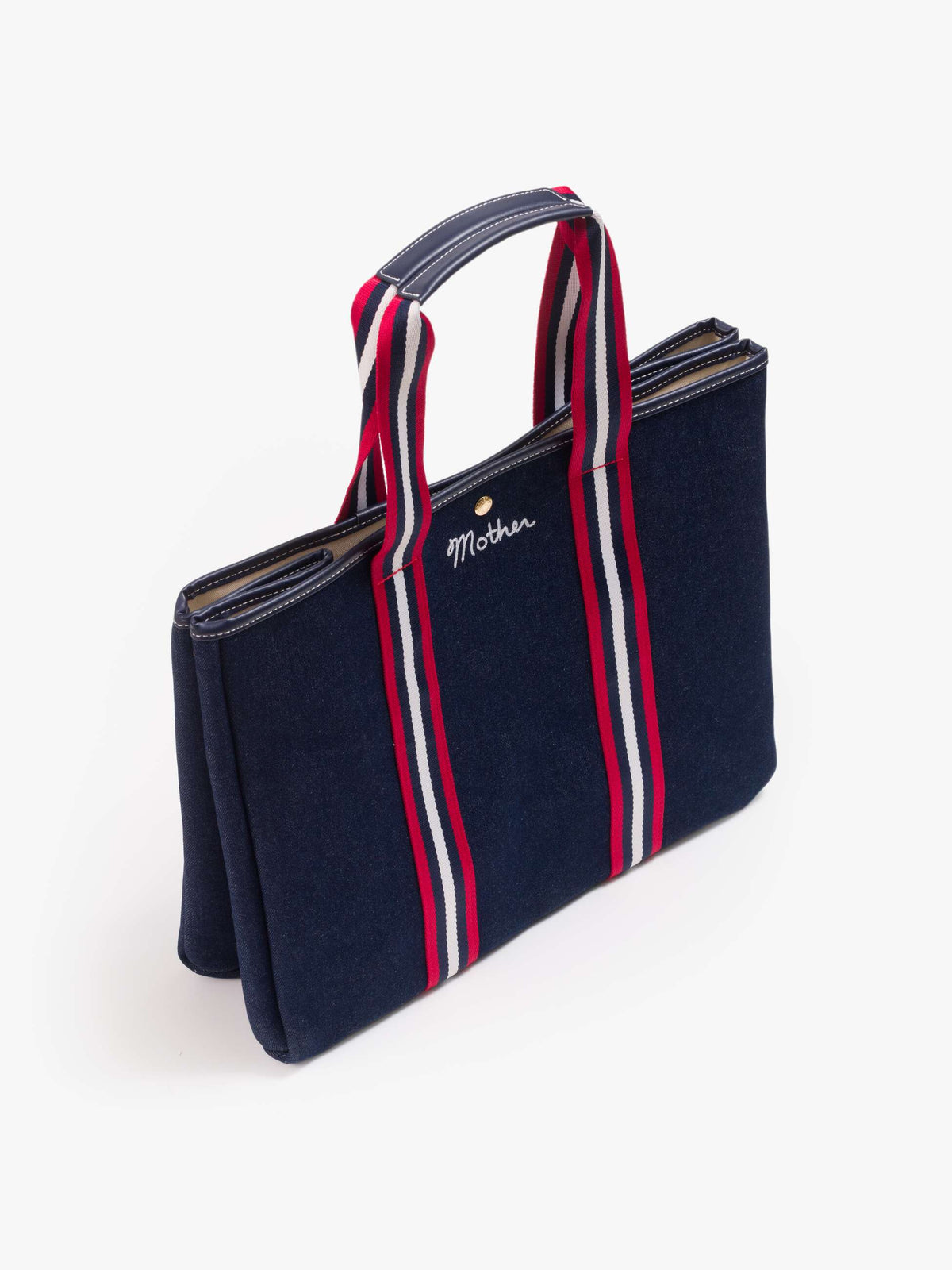 Navy cotton tote with red and white striped handles, Mother embroidery; by The Everywhere, casual everyday bag.