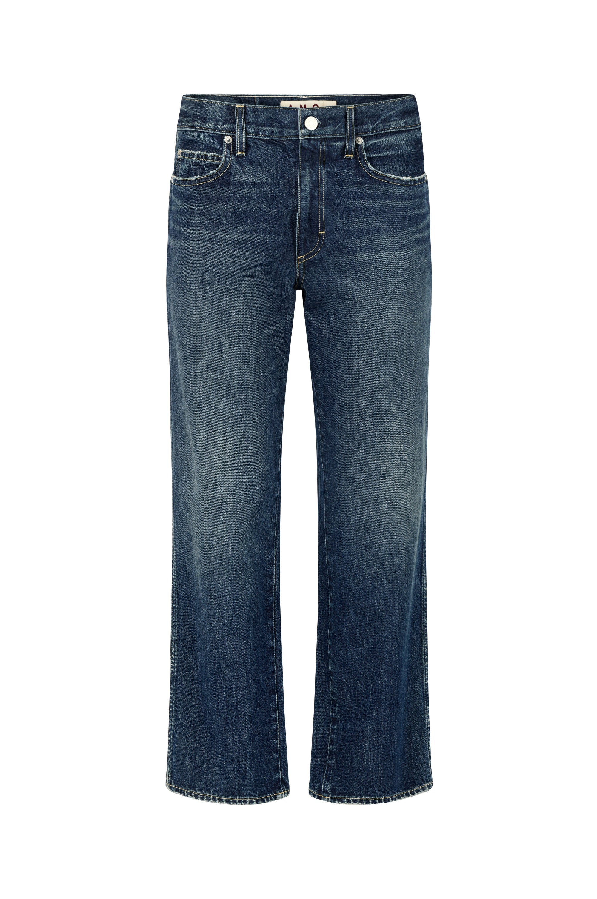 The Billie Pants by AMO Denim are blue premium rigid denim jeans with a high waist, front button and zip closure, five pockets, relaxed fit, cropped wide legs, and a faded, worn effect with light whiskering.