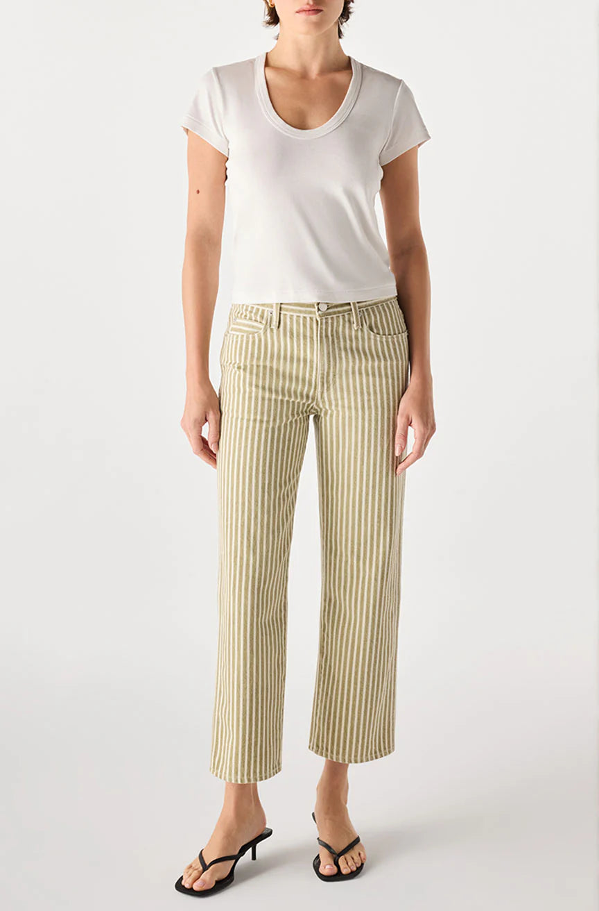 Person wearing a white short-sleeve t-shirt, AMO Denim Billie Pants—relaxed fit cropped wide leg jeans in premium rigid denim—and black heeled sandals, standing against a plain light background.