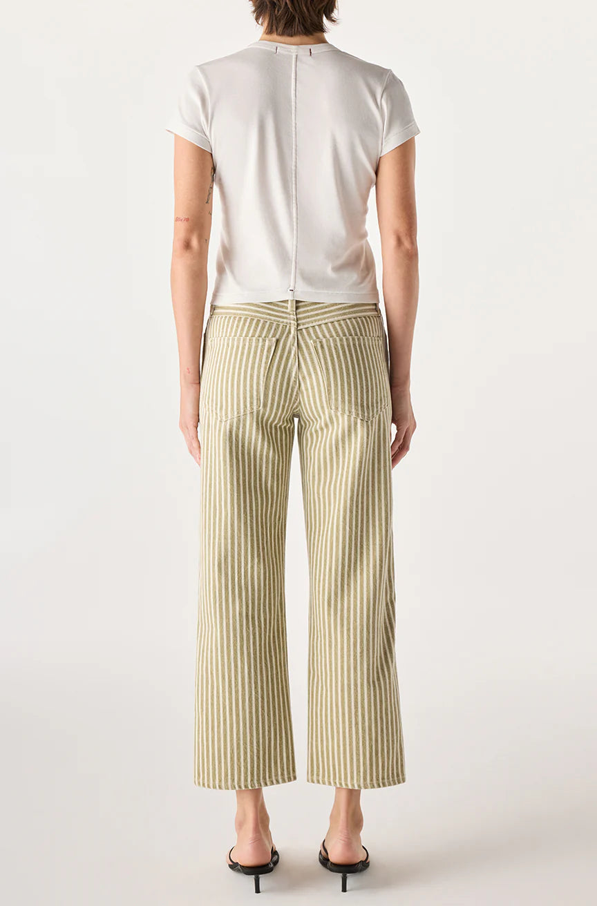 A person stands facing away, wearing AMO Denim's Billie Pants—relaxed fit, high-waisted, wide-leg beige and white vertical striped pants—with a short-sleeved white top and black open-heeled sandals against a plain light background.
