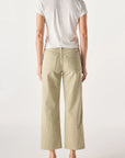 A person stands facing away, wearing AMO Denim's Billie Pants—relaxed fit, high-waisted, wide-leg beige and white vertical striped pants—with a short-sleeved white top and black open-heeled sandals against a plain light background.