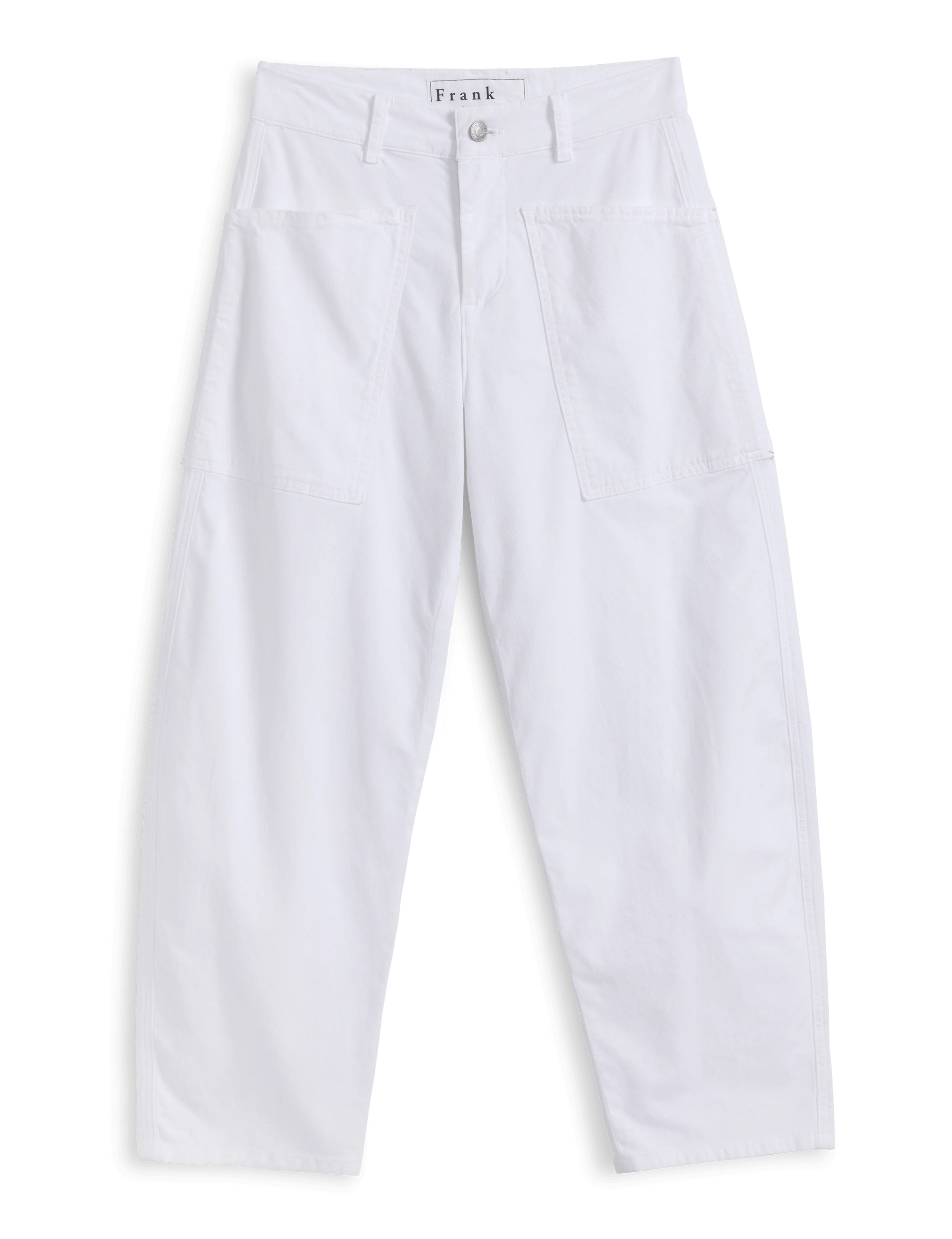 The Frank & Eileen Everyday Barrel Pant is a high-waisted, wide-leg white style in Italian Peached Twill with large joey pockets and a button closure, shown on a plain white background.