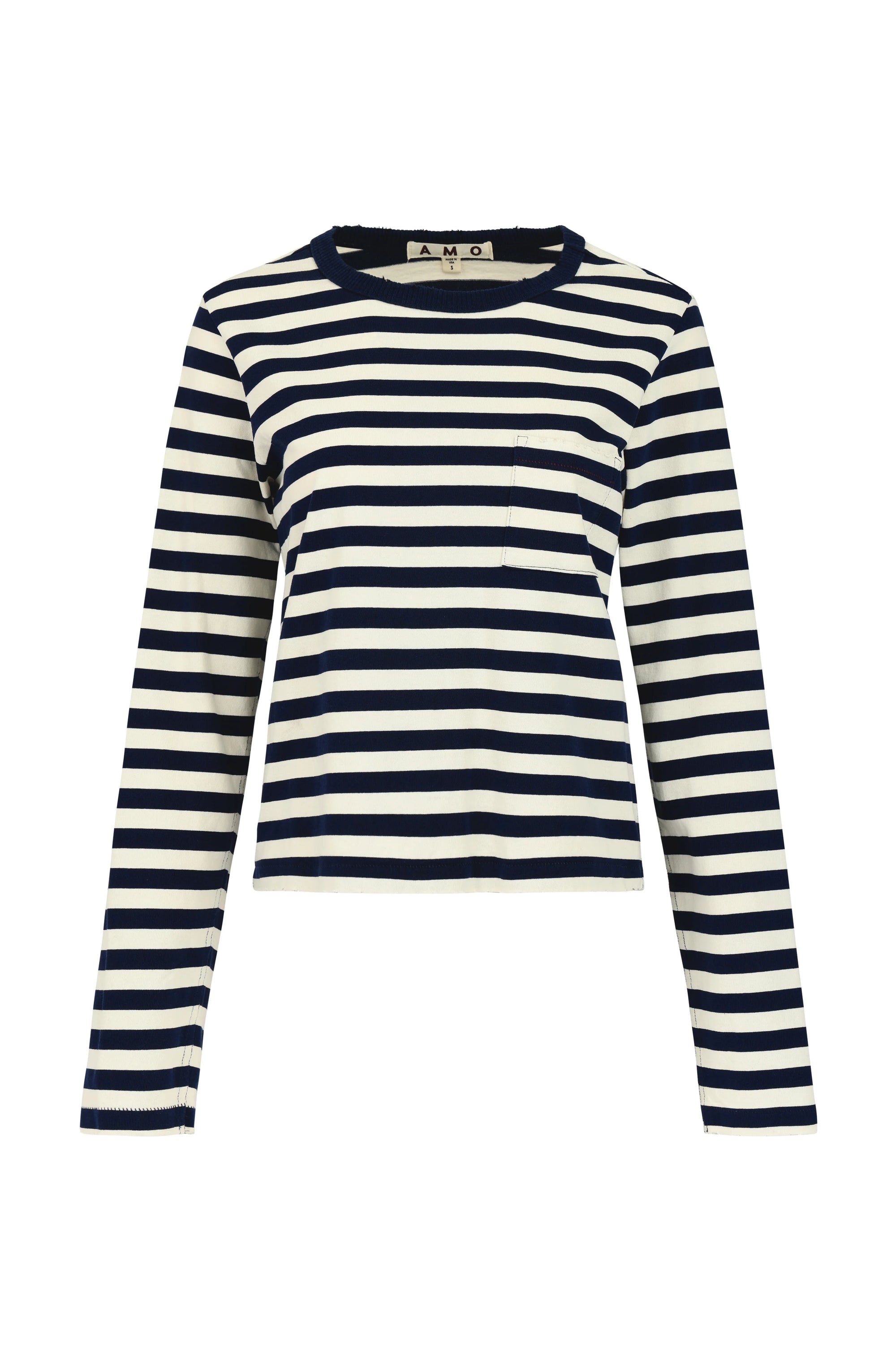 The Brigitte LS Tee by AMO Denim features a relaxed fit, navy and white horizontal stripes, long sleeves, crew neckline, chest pocket, and straight hem. Made in Los Angeles, this classic top offers timeless style.