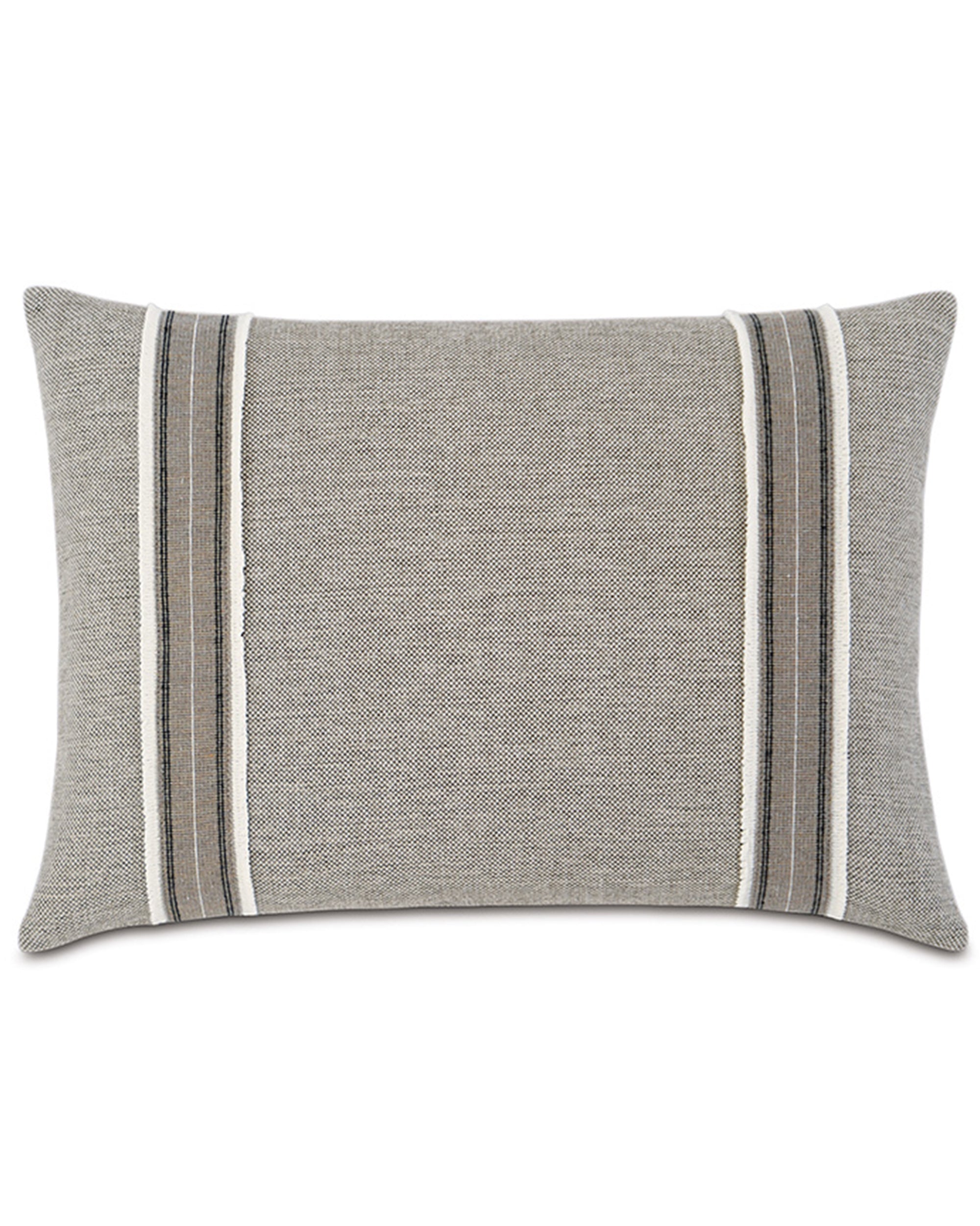 The Bale Woven pillow by Eastern Accents features textured gray fabric, two black, white, and taupe vertical stripes, a hidden zipper closure, and includes an insert. Dry clean only.