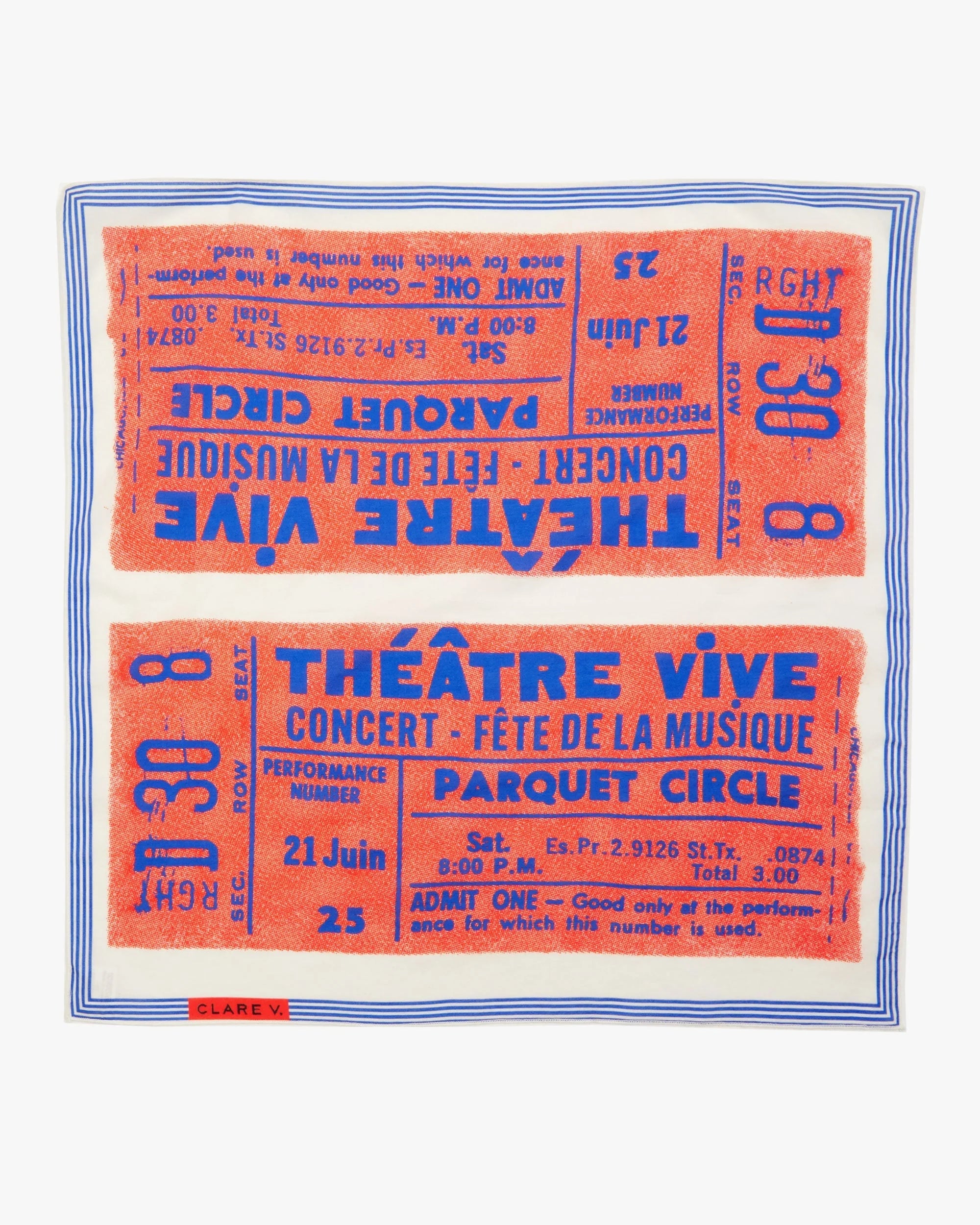 The Clare V Bandana by Clare Vivier is a 20x20 inch cotton scarf with overlapping vintage concert ticket prints in bright orange and blue on white, finished with a thin blue striped border. Made in India.