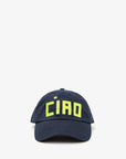 A baseball hat by Clare Vivier in navy blue features the word "CIAO" embroidered in bold, bright green letters on the front, with an adjustable fit. The cap is displayed against a plain white background.