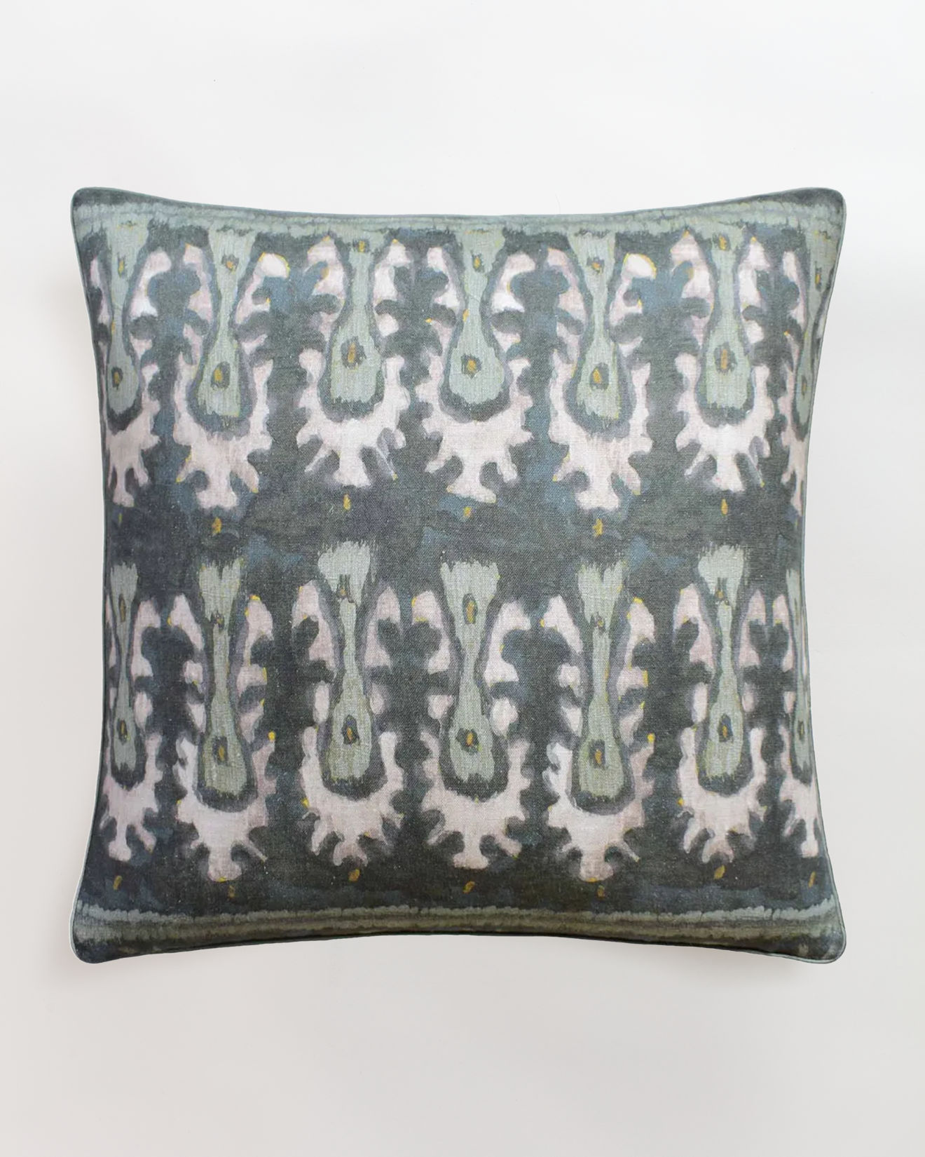 The Batik Tribal Hunter Jade Pillow by Ryan Studio features a dark, intricate pattern of symmetrical, abstract shapes in blue, gray, and white on fine linen. With a vintage look on a light background, it has a discreet zipper closure for easy maintenance.