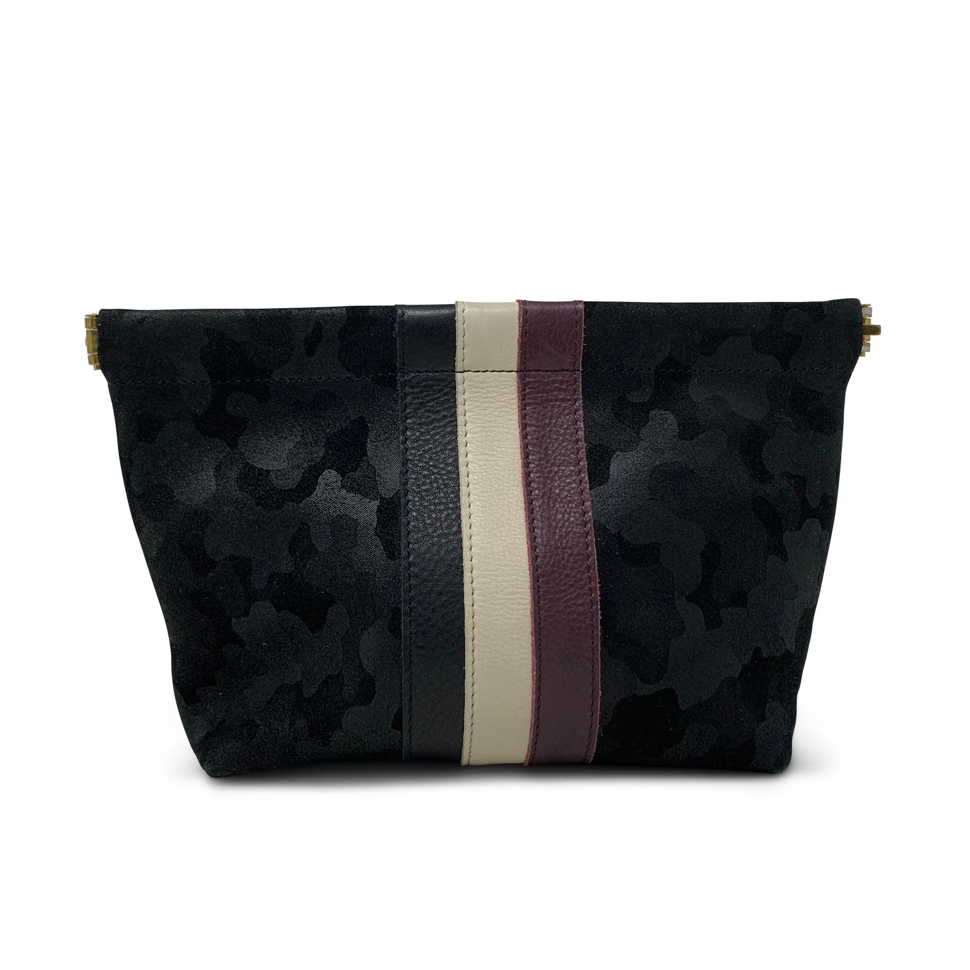 Kempton & Co. Makeup Bag: A black clutch with a subtle camouflage pattern and three vertical leather stripes—black, beige, and burgundy—down the center, inspired by a chic zip top make-up bag design.
