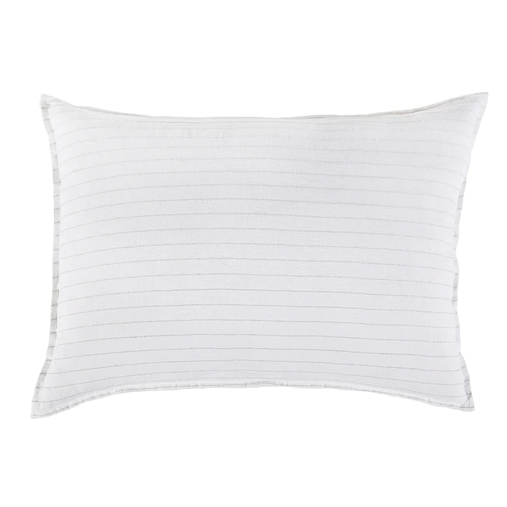 The Blake Big Pillow 28x36 by POM POM features a hand-loomed, sophisticated stripe design on its white rectangular form, offering understated elegance.
